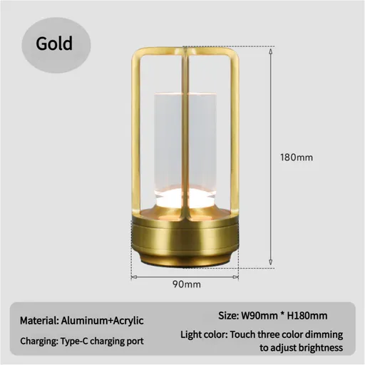 Gold Rechargeable Table Lamp - Touch Dimming 3-Color LED Light for Bedroom and Office