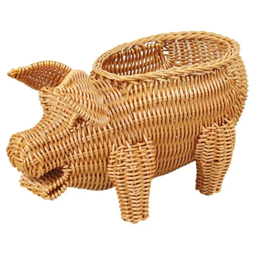 Wicker Storage Basket Decorative Cute Pig Shaped Rattan Woven Serving Basket Willow Bread Basket Handmade Straw Fruit