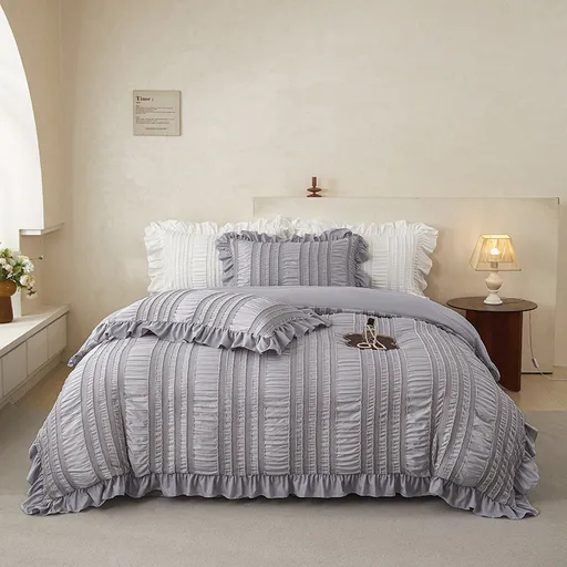 Grey Elegant Ruffle Seersucker Duvet Cover with 2PCS Pillow Shams - 3-Piece Vertical Stripe Clipped Floral Textured Bedding (Queen Size 229 x 229 CM)