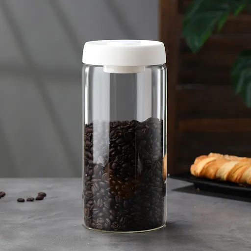 Borosilicate Glass Storage Jar with Vacuum-Seal White Lid for Coffee, Tea and Dry Food, Moisture-Resistant Kitchen Pantry Storage, 1800ml