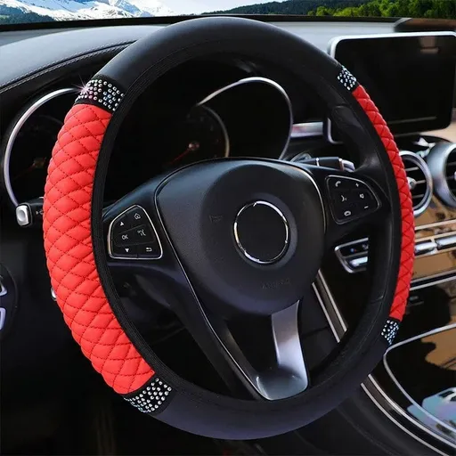 Universal Car Steering Wheel Cover 37-38cm Leather Embroidered Color Diamond-Studded Elastic Four Seasons Steering Wheel Cover Black Red