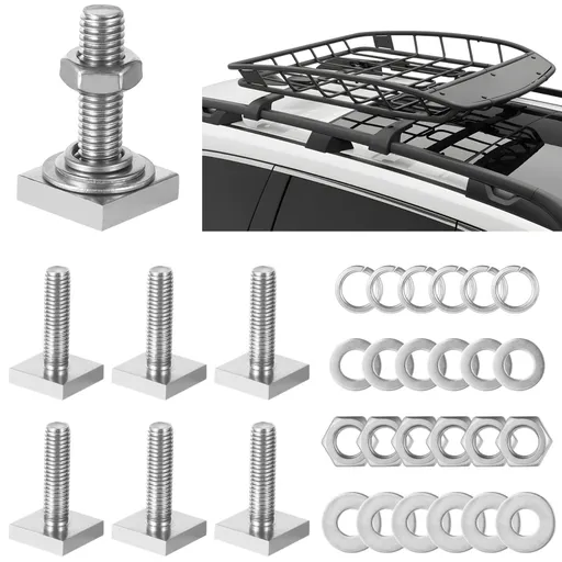 6PCS T Slot Bolts, M8×30 mm (1.18") Four Square Head T-Bolts, Stainless Steel T-track Bolt Adapters with Washers & Nuts for Roof Rack Cross Bars, Bike Kayak Racks