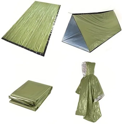 Emergency Shelter Kit with Survival Tent Mylar Blanket Sleeping Bag and Poncho for Camping and Hiking, Green