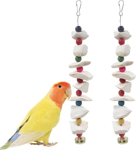 2Pcs Bird Cuttlebone Chew Toy,Natural Calcium Cuddle Bone Sharp Beaks Cage Toy,Large Parrot Chewing Calcium Cuttlebone with Bells,Calcium Stone Chew Toy Grinding Teeth for Parrot Hamster