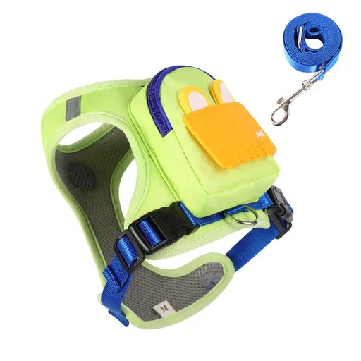 Stylish Color-Block Dog Backpack Harness with Built-in Poop Bag Dispenser – No-Pull Vest Design, Breathable Mesh Interior, and Matching 1.5m Leash for Fun-Filled Daily Walks and Outdoor Mini Adventures (M, Green)