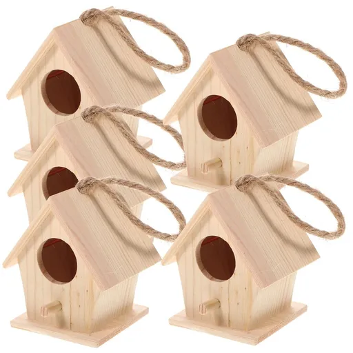 5-Pack Mini Wooden Bird Houses for Hanging Garden Decor, Wedding Party Favors, 3.0x2.8x2.2 Inches
