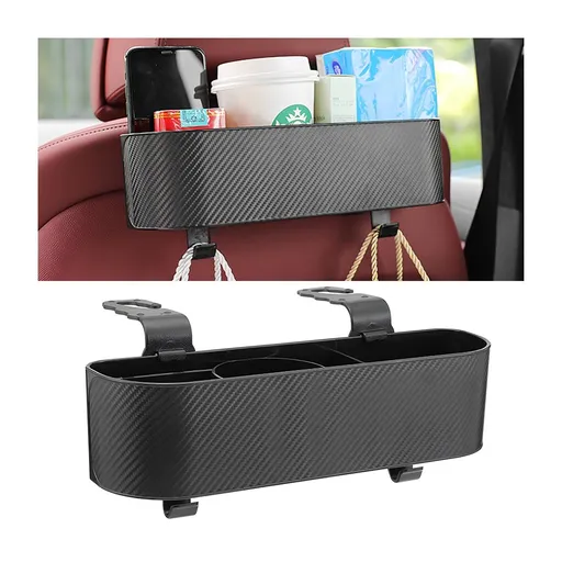 Car Headrest Backseat Organizer with Cup Holder, Seat Back Hanging Storage Box with Hooks, Multi-Functional Drink (Black)