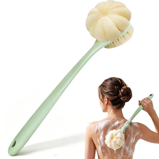2 in 1 Double Sided Shower Brush with Loofah and Long Handle - Green