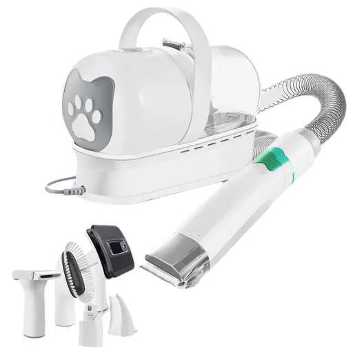 7-in-1 White Multifunctional Pet Grooming Vacuum Kit - Dog Cat Home Barber Shop & Low Noise Shedding Groomer with 1L Large Dust Cup