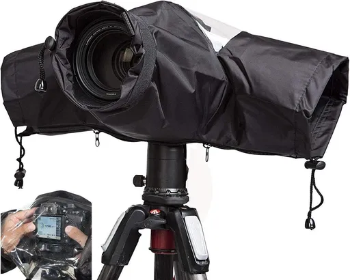 Waterproof Nylon Camera Rain Cover with Drawstring and Sleeves, Black