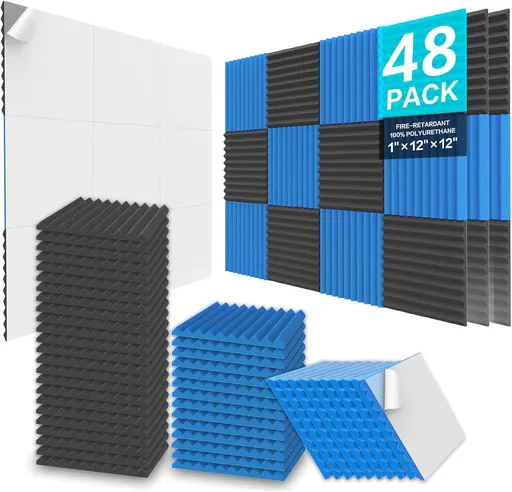 JBER Acoustic Panels Foam Wedges 48pcs 30x30x2.5cm for Soundproof Padding Wall Black&Blue