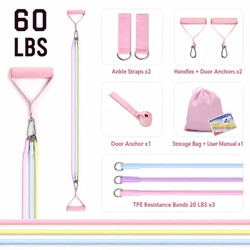 Women's Multifunctional 60 lbs Resistance Band Set with Storage Bag, Foam Handles and Ankle Straps for Home Fitness & Pilates Workout (Pink Macaron Carabiners Style)