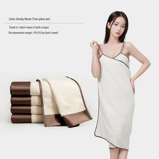 Smoky Brown Wearable Waffle Bath Towel Set with Adjustable Straps - 70x150cm Quick Dry Wrap Dress and 35x75cm towel, Absorbent Spa Robe Alternative for Women, Shower and Gym Essential