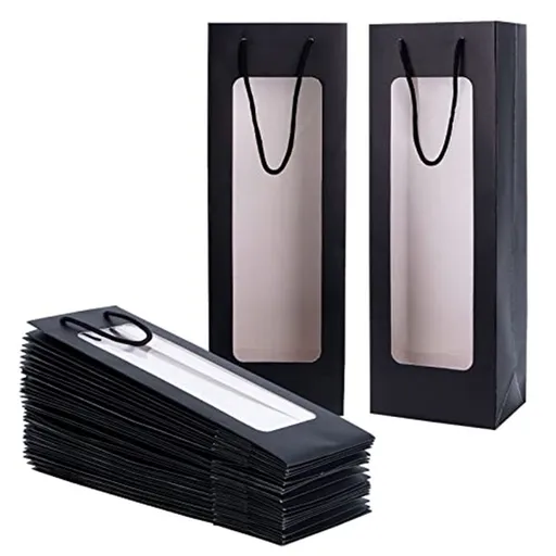 Wine Gift Bags with Window - 20 Pack,14.2" Wine Bags for Bottles - Halloween, Birthday, Housewarming, Dinner Party, Business - Black