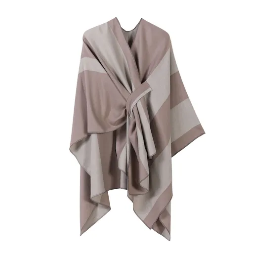 Gentle Daily Faux Cashmere Poncho, Slim Vertical Striped Edge Decor, Dusty Pink