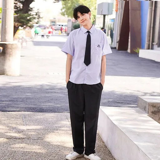 Thai School Uniform Shirt Cotton Blend Embroidery Badge Thai boys short sleeve + black pants + black tie 4XL