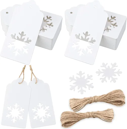 Christmas Gift Tags - 100Pcs Christmas Tags with String, Blank Xmas Name Labels, White Paper Hollow Trees, Rudolph, Snowflake Shapes Holiday Labels for Xmas Party Favors, DIY Crafts, Jar