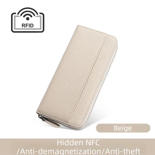 Beige Genuine Leather Women's Long Wallet with RFID Blocking & Hidden NFC - Large Capacity Phone Purse with 180° Zipper Closure, 18 Card Slots, Coin/Cash Pockets and for Daily Travel Use