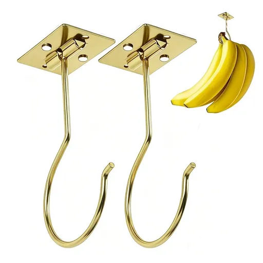 2 Pcs Self Adhesive Foldable Banana Hook for Under Cabinet Metal Holder for Kitchen - Gold