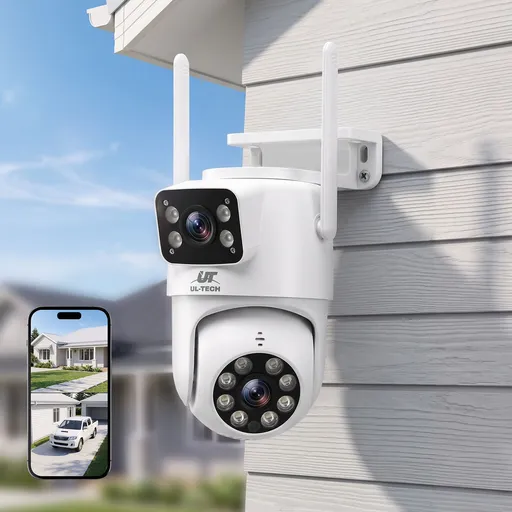 UL-Tech Wireless Security Camera Outdoor Indoor, 2.5K Dual Lens Pan Tilt, 4MP (2×2MP) IP Camera, Motion Detection, Auto-Tracking, Colour Night Vision, 2.4G WiFi, Two-Way Audio, Pet Baby Surveillance