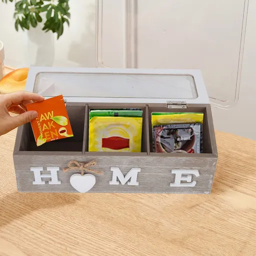 Wood Tea Box, Tea Bag Organizer with Lid, Tea Storage Chest Wooden Box Clear Sampler Assortment Box