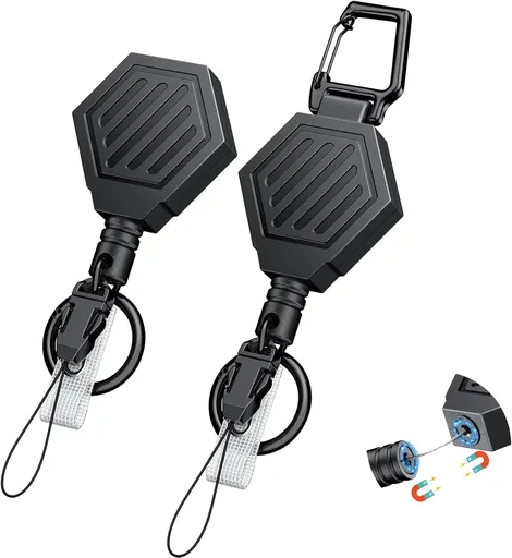 2 Pack Heavy Duty Retractable Keychain with Magnetic Closure Retractable Badge Reel for up to 16 oz Magnetic ID Badge Holder Reel ABS Casing Belt Clip and Large Carabiner Ring