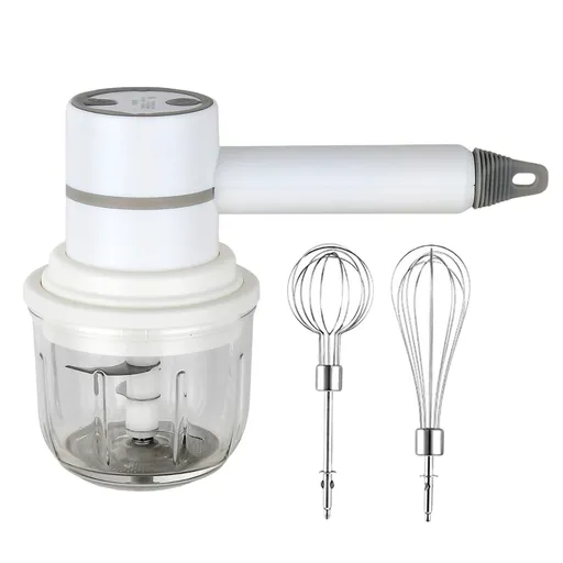 1 Piece Cordless Electric Hand Mixer and Mini Food Chopper with Whisk Attachment for Eggs, Cream, Garlic and Kitchen Prep, White