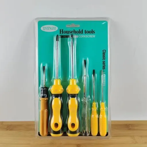 Yellow 6-Piece Household Screwdriver Set – Carbon Steel Tips, Plastic Shafts, Includes Voltage Tester – Durable & Ergonomic DIY Repair Kit for Home Use