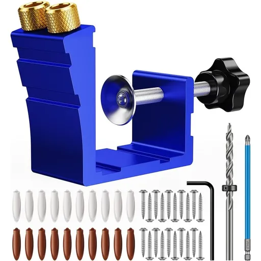 Pocket Hole Jig Kit, Pocket Screw Jig 15 Degree Drilling Locator,Pocket Dowel Hole Jig System Set Wood Joint Angle Tool (Blue)