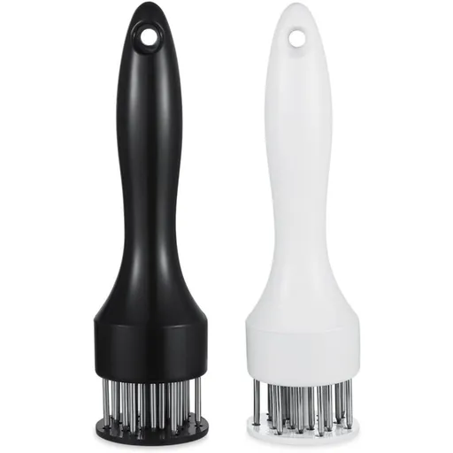 2-Pack Stainless Steel Meat Tenderizer, 2.5cm Needle Pricker with Safety Guard & Automatic Rebound, for Steak, Pork, Chicken, BBQ & Marinade - White + Black