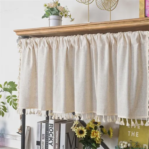 Boho Sheer Curtain Cotton Linen with Bohemian Handmade Tassels, Short French Farmhouse Window Treatment for Kitchen Cafe, Rod Pocket, 150*45cm（Pole curtain）Excluding curtain rods