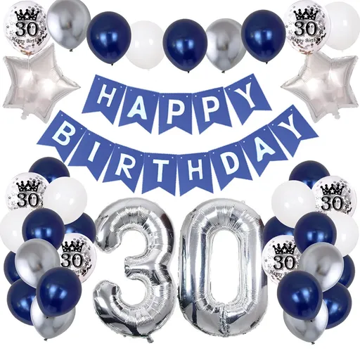 30th Birthday Decorations for Men, 30th Birthday Party Supplies with HAPPY BIRTHDAY Banner and Number 30 Balloons,Silver Navy Blue