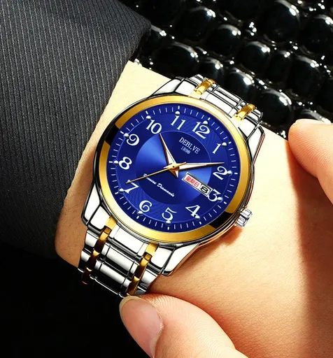 Men's Alloy Watch Luminous Dual Calendar Blue Face Gold