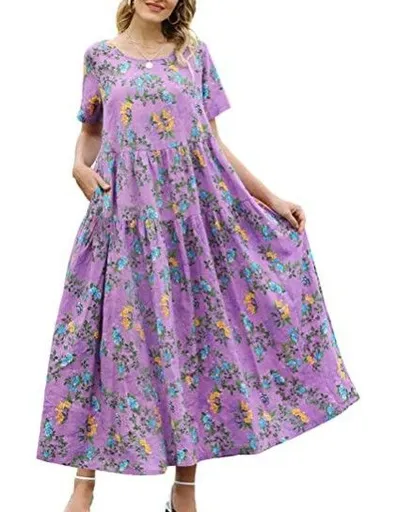 Women Floral Long Dress Short Sleeve Polyester Picture Color 18 M Size: M; Height (cm): 160-165; Weight (kg): 50-55; Bust (cm): 86-90; Waist (cm): 70-74; Shoulder width (cm): 38; Length (cm): 60