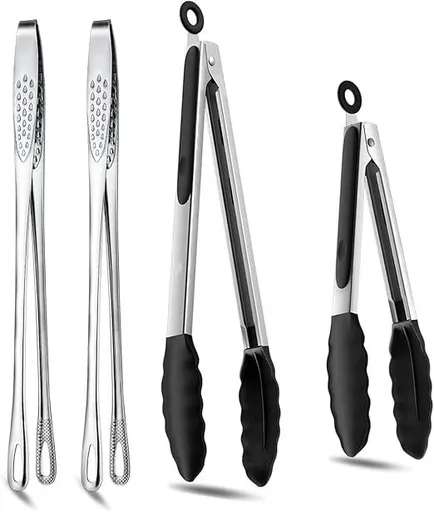 4 Pcs Kitchen Tongs Stainless Steel Set-9" & 12" Tong with Non Slip Silicone Tips and Grip, 11" Stainless Steel Cooking Tongs, Heat Resistant Kitchen Utensils for Cooking Baking Buffet