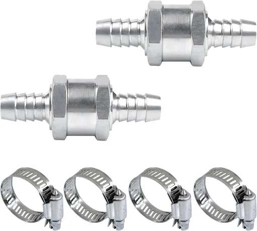 2 PCS One Way Check Valve, 3/8" 10mm Aluminium Alloy Non Return One Way Check Valve with Clamps, Fuel Hose Control Valves for Petrol Diesel Oil Water, Car Accessories
