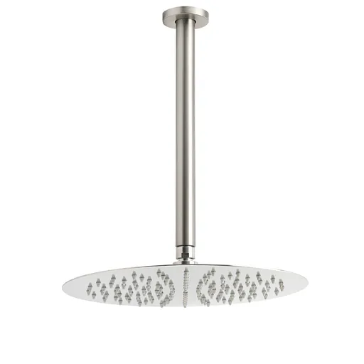 Brushed Nickel Round 12" Shower Rain Head + 300mm Brass Ceiling Dropper Arm Set