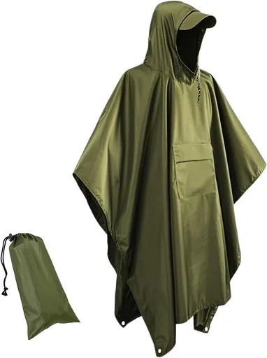 Waterproof Hooded Rain Poncho with Front Pocket, Lightweight Adult Raincoat for Hiking, Camping, Festivals and Outdoor Travel, Green