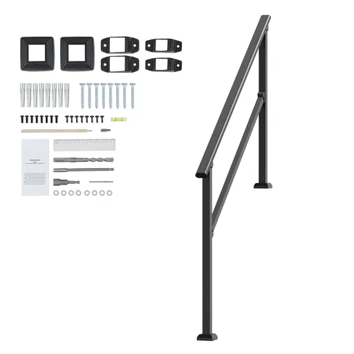 Handrails for Outdoor Steps, 4-5 Step Stair Hand Rail Kit, Transitional Carbon Steel Railings with Installation Kit, Stair Rails for Seniors, Concrete Steps & Porch & Deck, Black Square Tube
