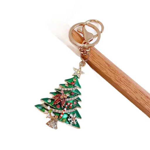 Green Christmas Tree Keychain with Rhinestones - Alloy Bag Charm, Festive Car Key Ring, Holiday Gift Accessory