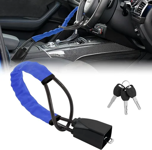 2 Set Blue 28 Inch Car Steering Wheel Anti Theft Lock - Universal Steel Cable Anti Shear Seat Belt Lock with 3 Keys and Protective Sleeve, Waterproof and Rustproof