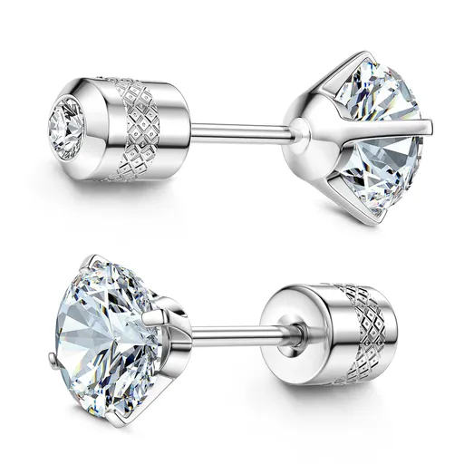 Round Clear Cubic Zirconia Fine Pin Stud Earrings Diamond Four-Prong Diamond Earrings 14k White Gold Spiral Stud Earrings