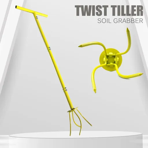 Manual Twist Tilling Soil Claw Garden Cultivator with T-Handle and Adjustable Long Pole for Yard Vegetable Plot Soil Loosening and Planting Preparation (Yellow)
