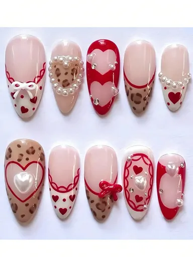 10pcs New Year Valentine s Day Themed Nail Stickers Sweet Cool Heart Shaped Cherry Glitter Almond Shape Multiple Sizes For Women Girls Gift Set With Jelly Gel Nail File