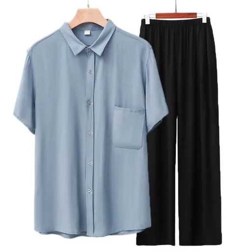 Men Rayon Short Sleeve Suit Set Summer Thin Casual Light blue top + black trousers 3XL