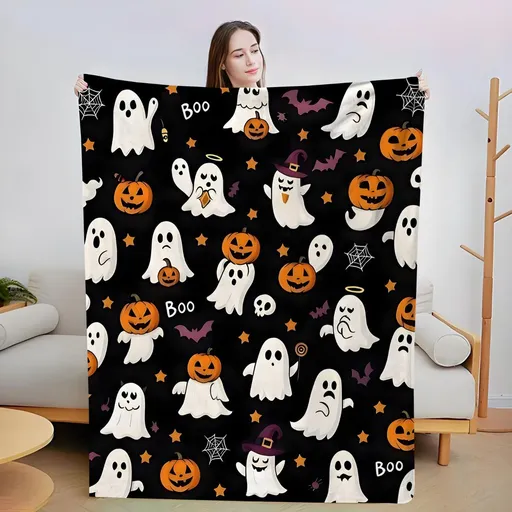 Halloween Throw Blanket Cozy Microfiber Blanket Soft Flannel Throw Festive Home Pumpkin Ghost - Black - Size 150cm*180cm