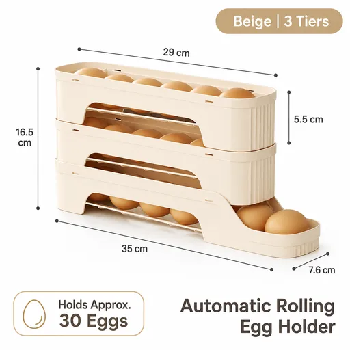 3-Tier Beige Rolling Egg Storage Box - Grade PP Plastic - Automatic Dispensing, Space Saving Fridge Organizer, Detachable Design for Kitchen and Refrigerator Door