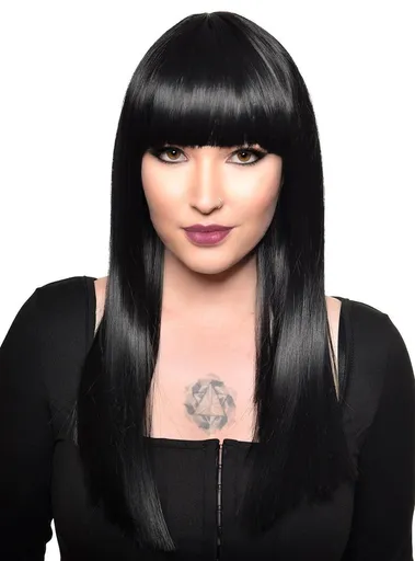 Long Black Heat Resistant Womens Fashion Wig with Fringe