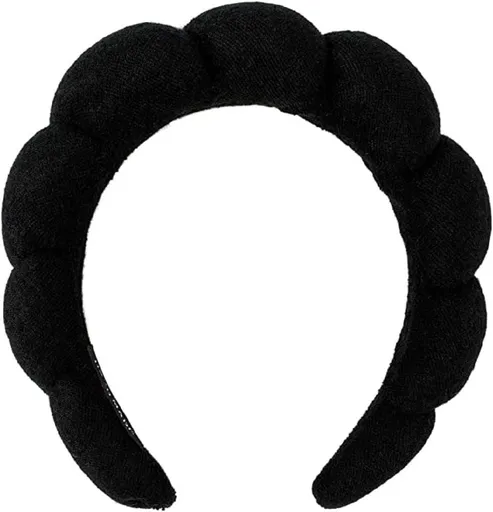 Spa Headband Hair Band for Women - Puffy Sponge Black Headbands for Washing Face Hair Headband for Skincare, Makeup Removal, Shower - Soft Absorbent Terry Towel Cloth Fabric
