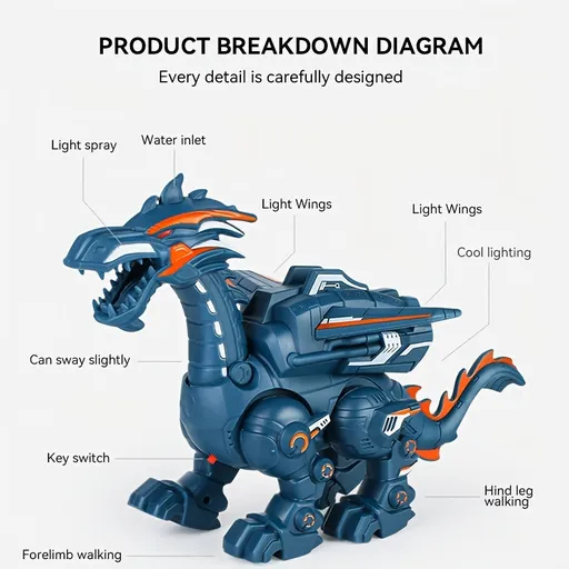 Walking Dinosaur Toy with Lights 10cm x 25cm x 17cm Blue